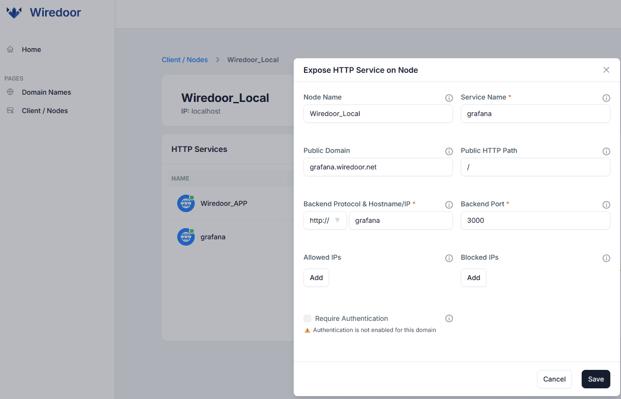 Exposing Grafana container through Wiredoor_Local Node
