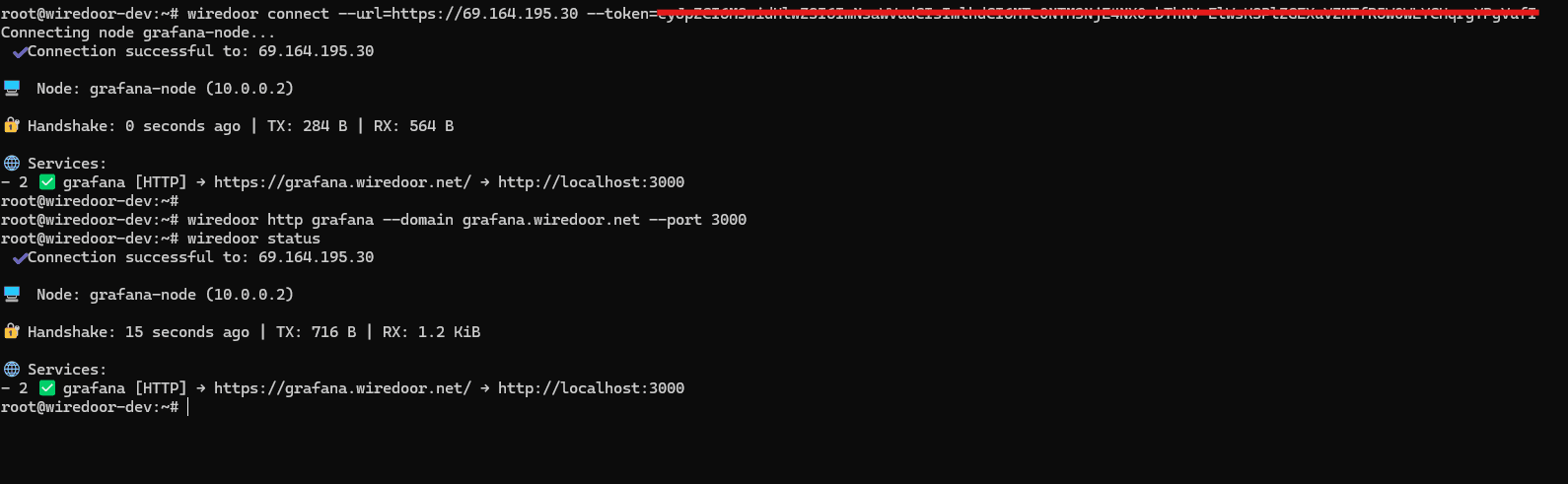 Wiredoor CLI example output when connect to a node